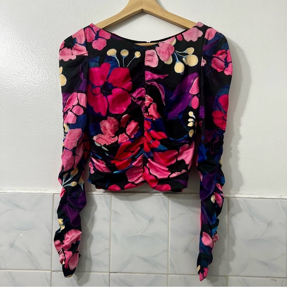 H&M Women’s XS Gathered Floral Ruched Puff Sleeve Fairy Bloomcore Retro Crop Top - Picture 1 of 7